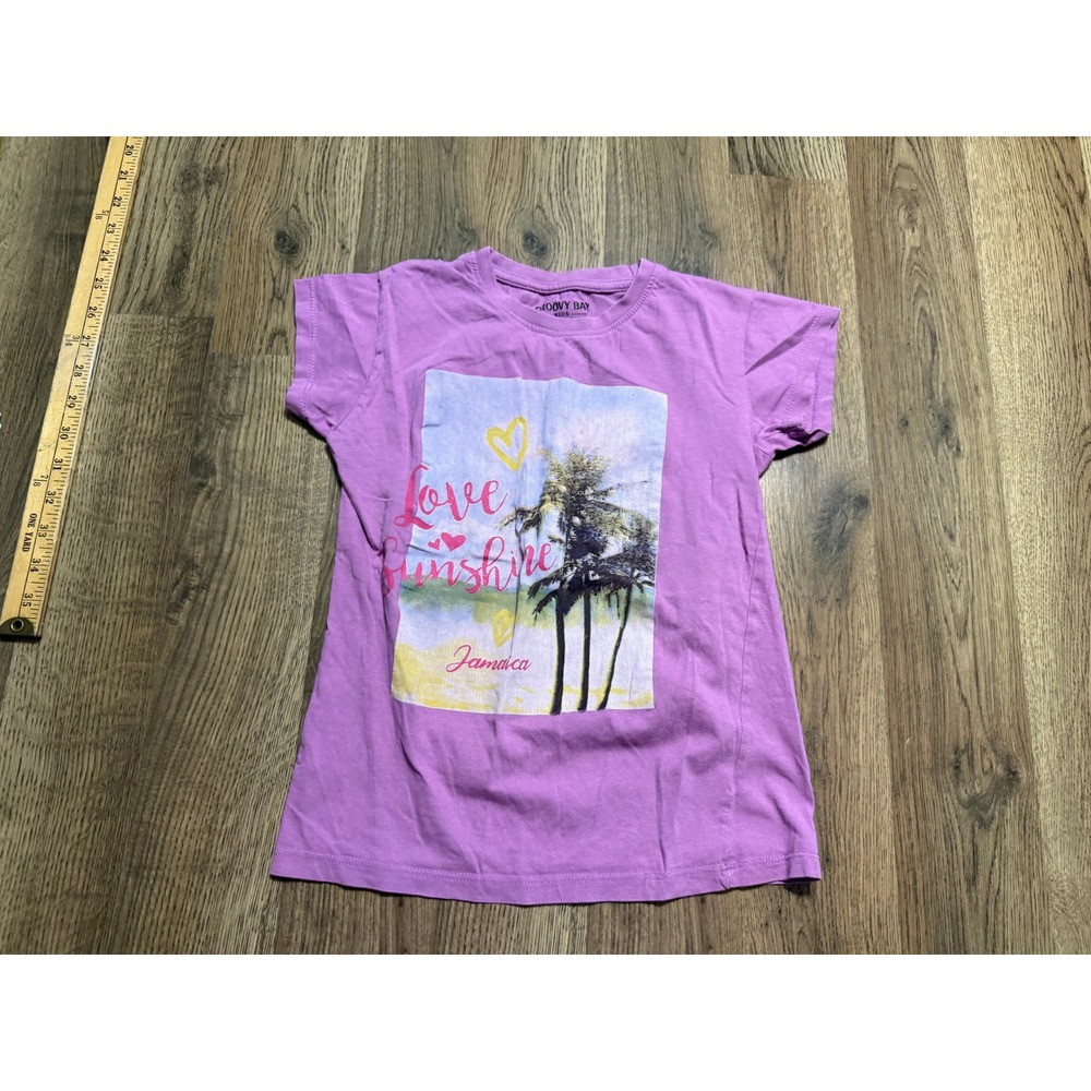 Groovy Bay T Shirt Girls 10-12 Purple Kids Love Sunshine Jamaica Graphic